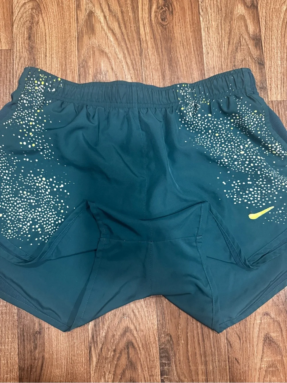 Nike Women's Large Teal Running Shorts with Yellow Accent - Picture 4 of 7
